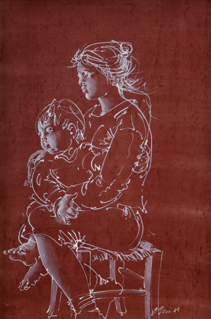 Hans Erni: "Mutter mit Kind auf Schemel". Tempera auf Papier (32.8 x 22 cm). 1989. Aus Privatsammlung (Schweiz).