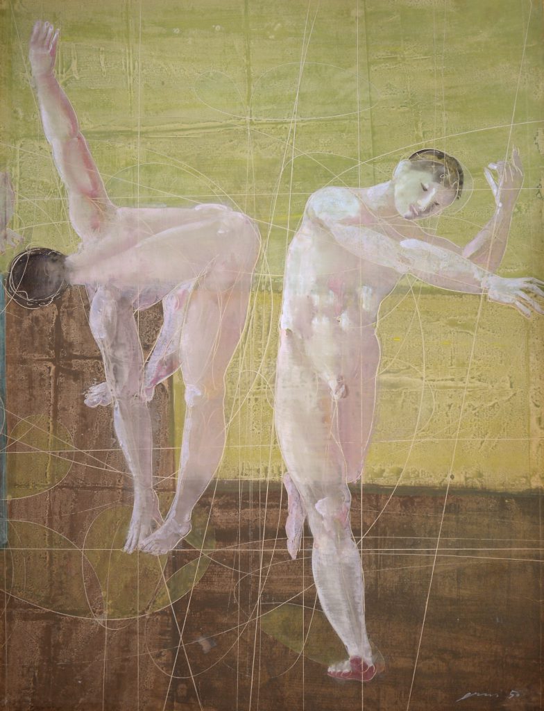 Hans Erni: "Zwei Athleten" (ursprünglich ohne Titel). Tempera auf Papier (100 x 77 cm). 1950. Aus Privatsammlung (Schweiz).