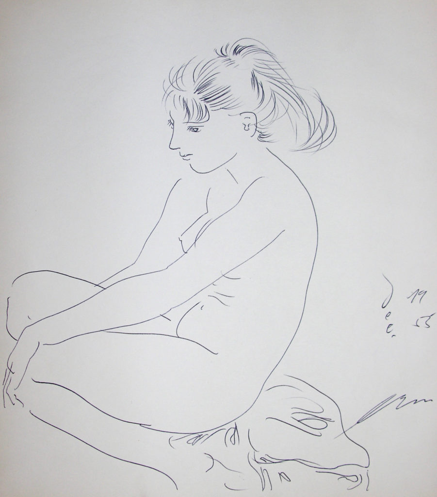 Hans Erni: "Sitzendes Mädchen" (ursprünglich ohne Titel). Tusche auf Papier (24 x 28 cm). 1955. Aus Privatsammlung (Schweiz).
