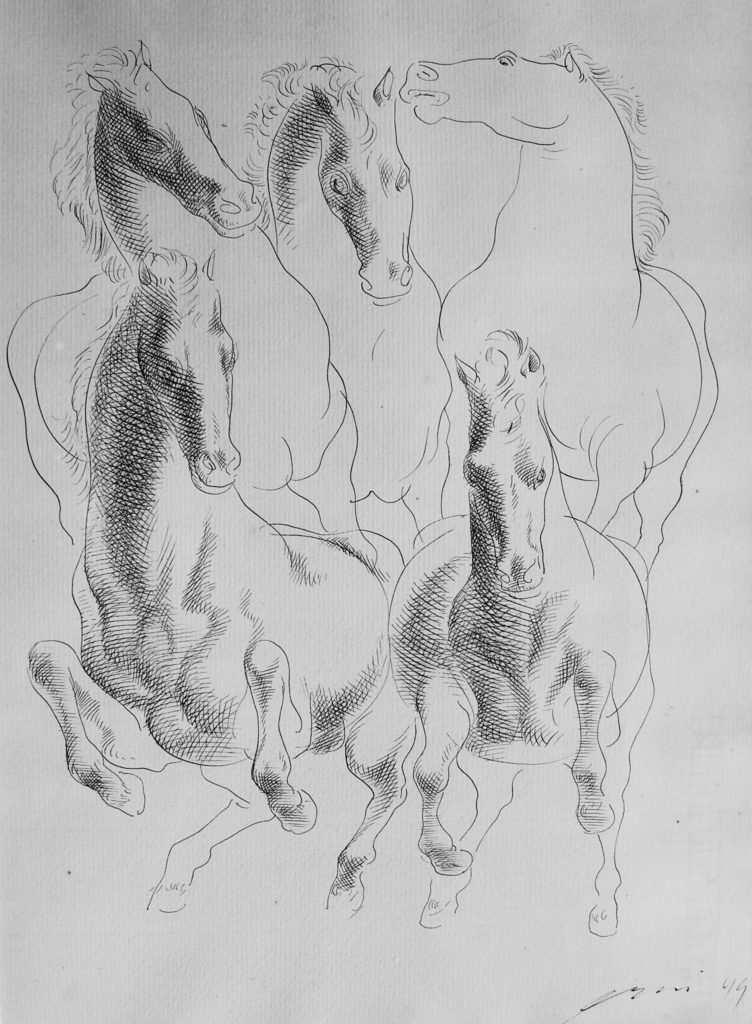 Hans Erni: "Vier Pferde". Tusche auf Papier (27 x 37 cm). 1949. Aus Privatsammlung (Schweiz).
