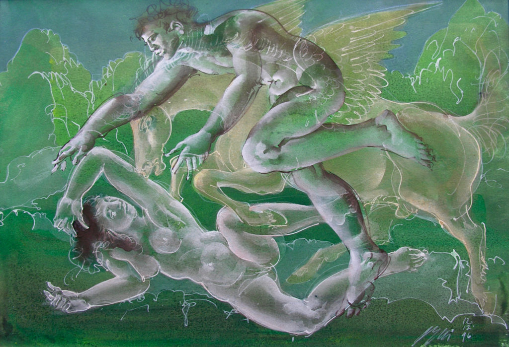 Hans Erni: "Paar mit Pegasus". Tempera auf Rives-Papier (26 x 37.5 cm). 1996. Aus Privatsammlung (Schweiz).