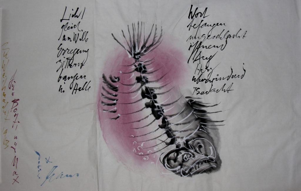 Hans Erni: Weihnachtsbrief an seine Schwester Berti mit Gedicht, Teil 1. Aquarell und Tusche auf Papier (total 137 x 35 cm). 1963. Aus Privatsammlung (Schweiz).