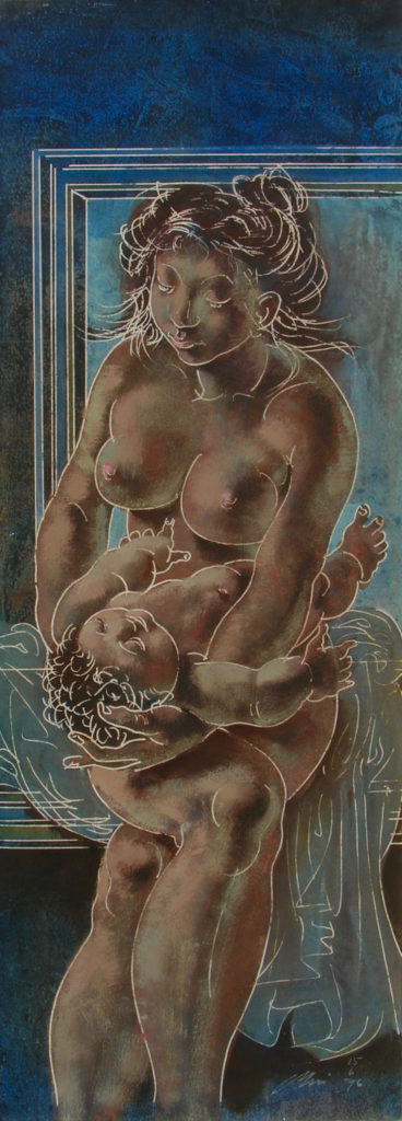 Hans Erni: Mutter mit Kind. Tempera on Paper (21 x 57 cm). 1976. From private collection (Switzerland).