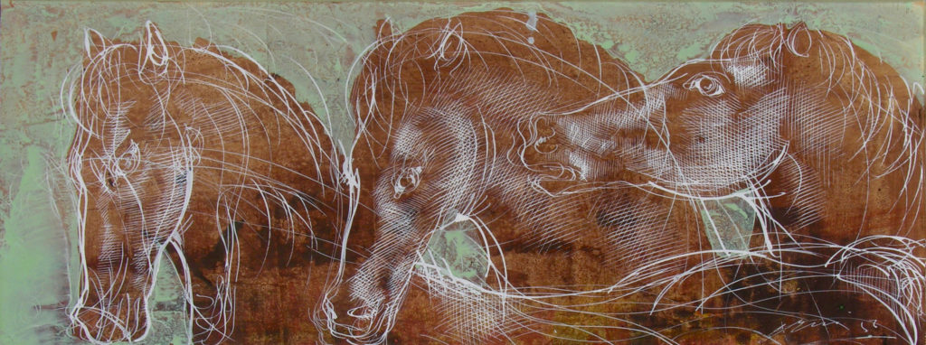 Hans Erni: Drei Pferde in Mint. Tempera auf Papier (15 x 39 cm). 1956. Aus Privatsammlung (Schweiz).