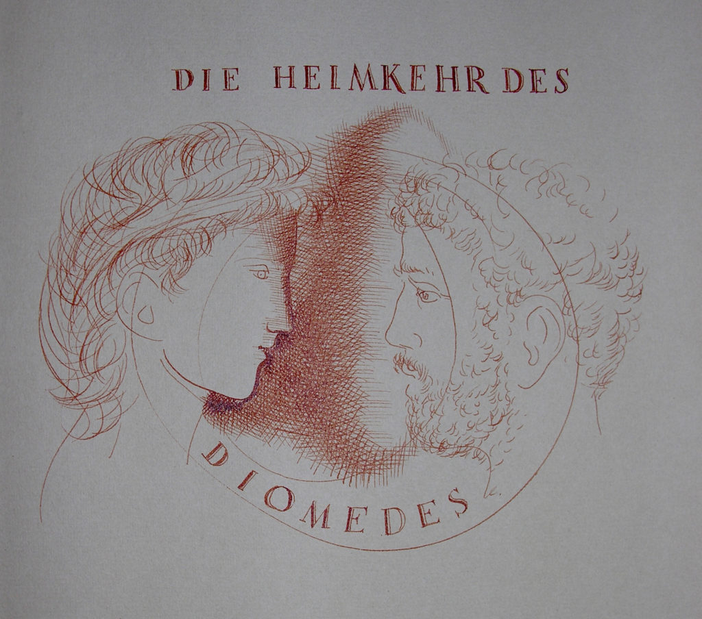 Hans Erni: Die Heimkehr des Diomedes, Titelzeichnung. Illustration aus einem Buch von Sigfried Trebitsch. Rötel auf Papier (33.5 x 25.5 cm). 1949. Aus Privatsammlung (Schweiz).
