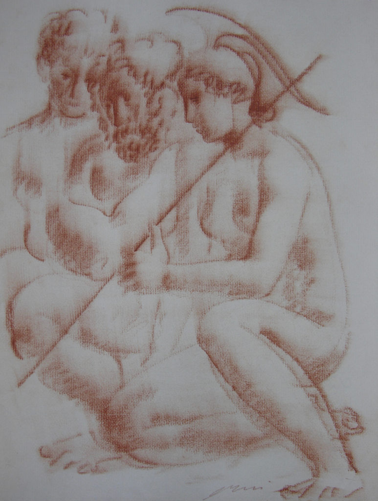 Hans Erni: Die Heimkehr des Diomedes, Zeichnung 5. Illustration aus einem Buch von Sigfried Trebitsch. Rötel auf Papier (33.5 x 25.5 cm). 1949. Aus Privatsammlung (Schweiz).