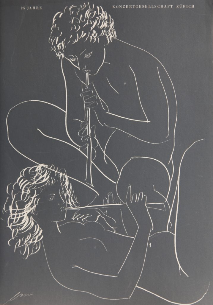 Hans Erni: "Flötenspieler". Lithograph (21 x 29.7 cm) joining the 25th anniversary publication of the Konzertgesellschaft Zürich. 1952. No. 74 in the catalogue raisonné of the lithographs (Hans Erni-Stiftung, 1993). From private collection (Switzerland).