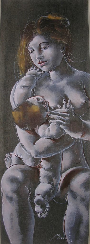 Hans Erni: "Mutter und Kind". Mixed media on Paper (42.5 x 15.2 cm). 1972. From private collection (Switzerland).