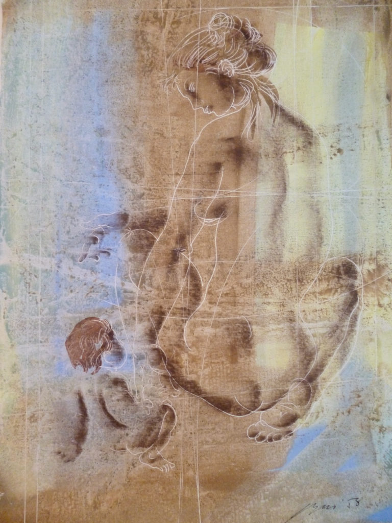 Hans Erni: "Mère jouant avec l'enfant ". Tempera auf Papier (32 x 50 cm). 1958. Aus Privatsammlung (Schweiz).