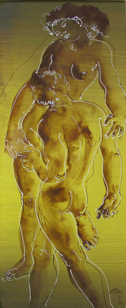 Hans Erni: "Paar auf hellgrünem Grund". Tempera auf Papier (16 x 37 cm). 1988. Aus Privatsammlung (Schweiz).
