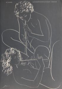 Hans Erni: "Flötenspieler". Lithografie (21 x 29.7 cm) zur Jubiläumsschrift 25 Jahre Konzertgesellschaft Zürich. 1952. Nr. 74 im Werkverzeichnis der Lithografien (Hans Erni-Stiftung, 1993). Aus Privatsammlung (Schweiz).