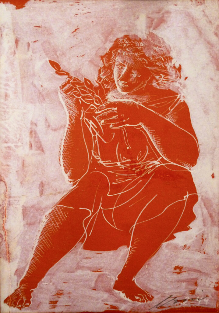 Hans Erni: "Mädchen mit Palmzweig". Weisse Feder, laviert, auf rötlichem Papier (16 x 12 cm). 1949. Aus Privatsammlung (Schweiz).