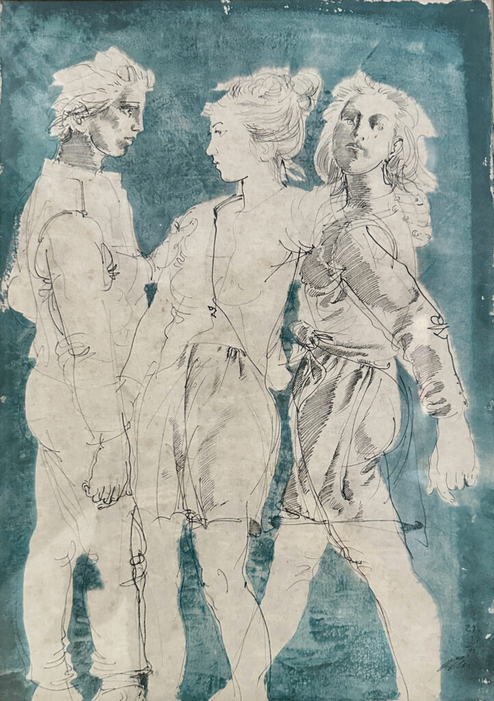Hans Erni: "Drei Freunde". Aquarell auf Büttenpapier (28 x 40 cm). 1970. Aus Privatsammlung (Schweiz).